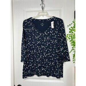 J Jill Womens TShirt Size XL Navy Blue Floral V Neck Pima 3/4 Sleeve Cotton